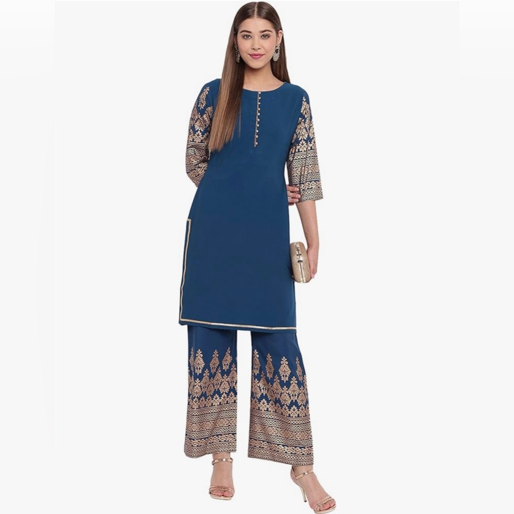 Indian /Pakistani Women's Blue Foil Printed Poly Crepe Kurti With Palazzo Size S